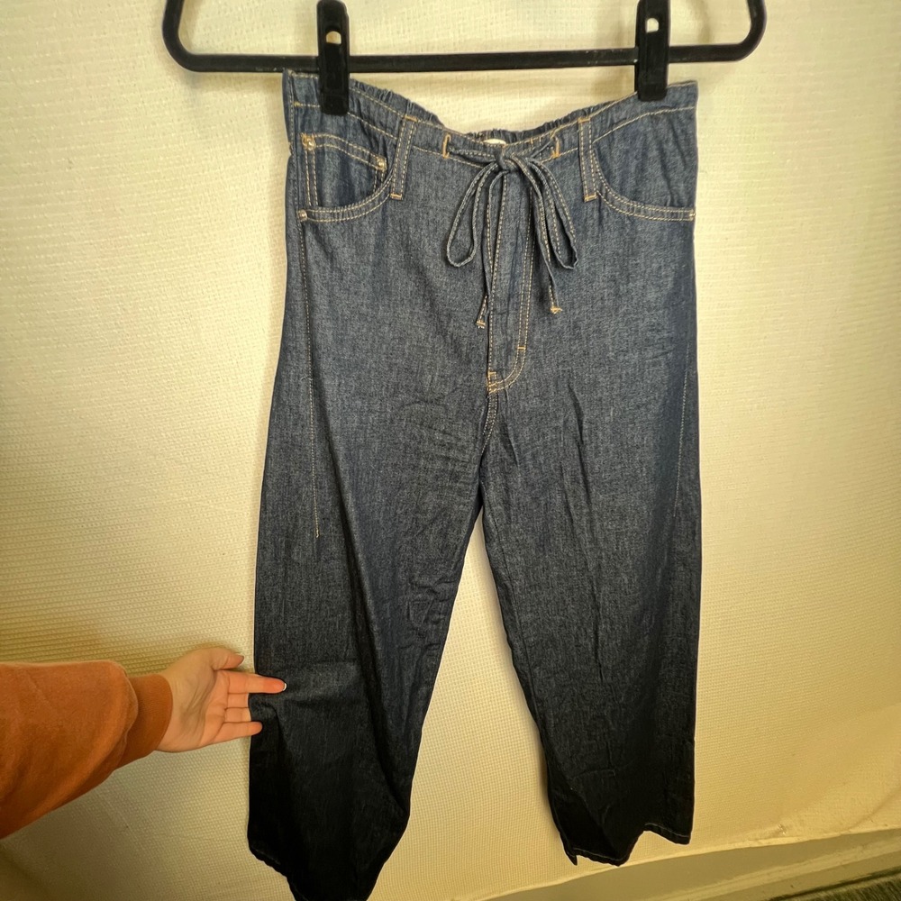 Zara Womens Dark Wash Elastic Waist Drawstring Straight Leg Denim Pants Size 0